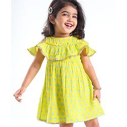 Babyhug 100% Cotton Woven Off Shoulder Cambric Printed Ethnic Dress with Tie up Details  - Yellow
