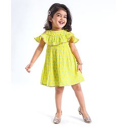 Babyhug 100% Cotton Woven Off Shoulder Cambric Printed Ethnic Dress with Tie up Details  - Yellow
