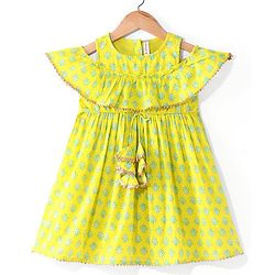Babyhug 100% Cotton Woven Off Shoulder Cambric Printed Ethnic Dress with Tie up Details  - Yellow