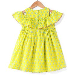 Babyhug 100% Cotton Woven Off Shoulder Cambric Printed Ethnic Dress with Tie up Details  - Yellow