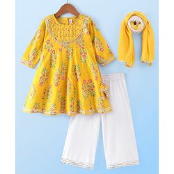 Babyhug Cotton Woven Three Fourth Sleeves Kurti Palazzo Set with Dupatta Floral Print - Yellow