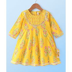 Babyhug Cotton Woven Three Fourth Sleeves Kurti Palazzo Set with Dupatta Floral Print - Yellow