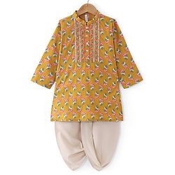 Babyhug Cotton Woven Full Sleeves Jaipur Print Dhoti Kurta Set Gota Lace - Mustard