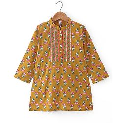 Babyhug Cotton Woven Full Sleeves Jaipur Print Dhoti Kurta Set Gota Lace - Mustard