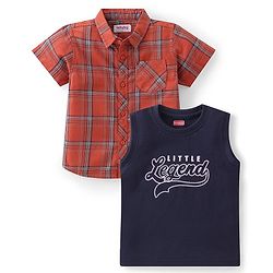 Babyhug Cotton Half Sleeve Twofer Check Shirt with T-Shirt - Brown & Navy