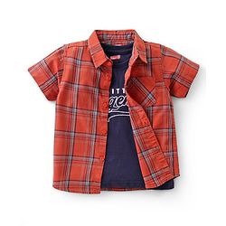Babyhug Cotton Half Sleeve Twofer Check Shirt with T-Shirt - Brown & Navy