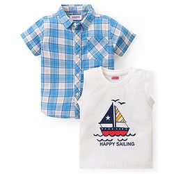 Babyhug Cotton Woven Half Sleeves Checked Shirt With Boat Print T-Shirt - Blue