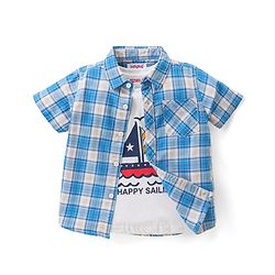 Babyhug Cotton Woven Half Sleeves Checked Shirt With Boat Print T-Shirt - Blue