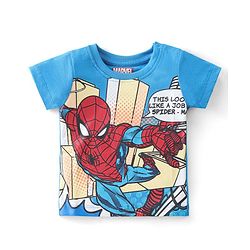Babyhug Marvel Cotton Knit Half Sleeve T-Shirt With Front and Back Spiderman Graphics All Over Print -Blue