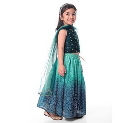 Babyhug Woven Sleeveless Floral Embroidered Halter Neck Choli with Lehenga and Net Dupatta Set - Teal Blue