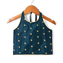 Babyhug Woven Sleeveless Floral Embroidered Halter Neck Choli with Lehenga and Net Dupatta Set - Teal Blue