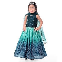 Babyhug Woven Sleeveless Floral Embroidered Halter Neck Choli with Lehenga and Net Dupatta Set - Teal Blue