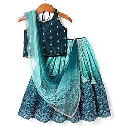 Babyhug Woven Sleeveless Floral Embroidered Halter Neck Choli with Lehenga and Net Dupatta Set - Teal Blue