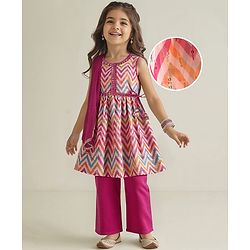 Babyhug Woven Sleeveless Dhari Printed Kurti Palazzo Set With Sequin Detailing & Dupatta - Dark Pink