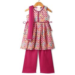 Babyhug Woven Sleeveless Dhari Printed Kurti Palazzo Set With Sequin Detailing & Dupatta - Dark Pink