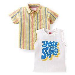 Babyhug Cotton Half Sleeve Twofer Striped Shirt with Printed T-Shirt - Yellow & White