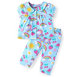 Babyhug Cotton Knit Single Jersey Half Sleeves Peter Pan Collared Night Suit With Unicorn Print - Light Blue