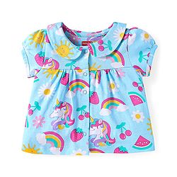 Babyhug Cotton Knit Single Jersey Half Sleeves Peter Pan Collared Night Suit With Unicorn Print - Light Blue