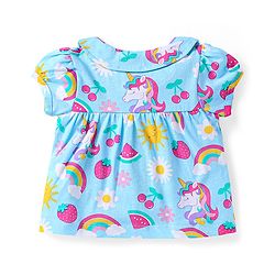 Babyhug Cotton Knit Single Jersey Half Sleeves Peter Pan Collared Night Suit With Unicorn Print - Light Blue