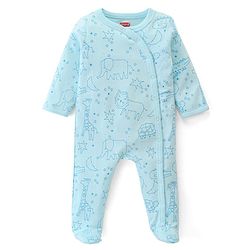 Babyhug Interlock Cotton Knit Full Sleeves Lion Printed Sleep Suit - Blue