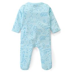 Babyhug Interlock Cotton Knit Full Sleeves Lion Printed Sleep Suit - Blue