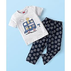 Babyhug Single Jersey Knit Half Sleeves Night Suit Bus & Animal Print - Navy Blue & Grey