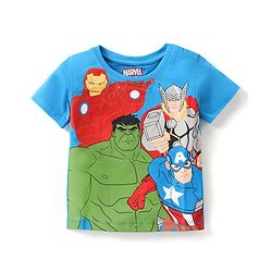 Babyhug Marvel Cotton Half Sleeves T-Shirt With Front and Back Avengers Graphics - Blue
