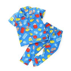 Babyhug Cotton Half Sleeve Knit Front Open Night Suit Lego Block Print - Blue
