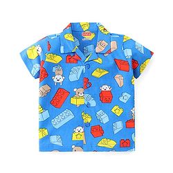 Babyhug Cotton Half Sleeve Knit Front Open Night Suit Lego Block Print - Blue