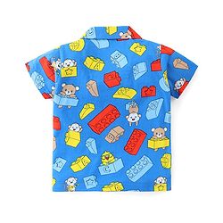 Babyhug Cotton Half Sleeve Knit Front Open Night Suit Lego Block Print - Blue