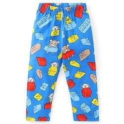 Babyhug Cotton Half Sleeve Knit Front Open Night Suit Lego Block Print - Blue