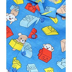Babyhug Cotton Half Sleeve Knit Front Open Night Suit Lego Block Print - Blue