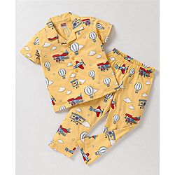 Babyhug Cotton Knit Half Sleeves Night Suit With Airplanes & Hot Balloons Print - Orange