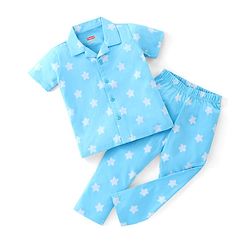 Babyhug Cotton Knit Half Sleeve Front Open Night Suit Stars Print - Light Blue