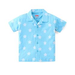 Babyhug Cotton Knit Half Sleeve Front Open Night Suit Stars Print - Light Blue