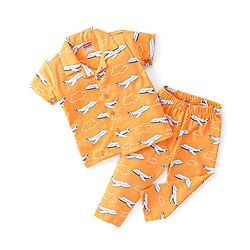 Babyhug Cotton Knit Single Jersey Half Sleeves Night Suit With Aircraft Print - Orange