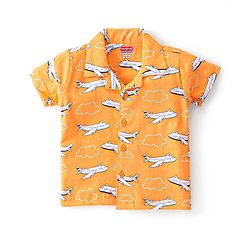 Babyhug Cotton Knit Single Jersey Half Sleeves Night Suit With Aircraft Print - Orange