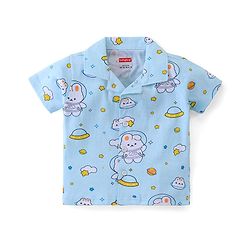 Babyhug Cotton Knit Half Sleeve Front Open Night Suit Astronaut Bunny Print - Light Blue