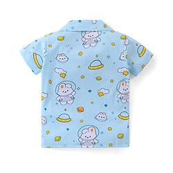 Babyhug Cotton Knit Half Sleeve Front Open Night Suit Astronaut Bunny Print - Light Blue