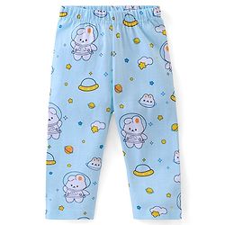 Babyhug Cotton Knit Half Sleeve Front Open Night Suit Astronaut Bunny Print - Light Blue