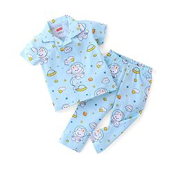 Babyhug Cotton Knit Half Sleeve Front Open Night Suit Astronaut Bunny Print - Light Blue