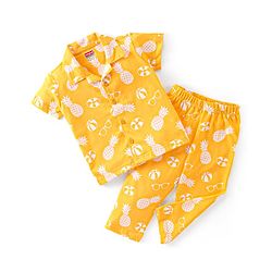 Babyhug Cotton Knit Single Jersey Half Sleeves Night Suit With Pineapple Print - Yellow