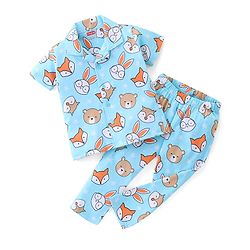 Babyhug Cotton Knit Half Sleeves Night Suit With Animal Print - Blue