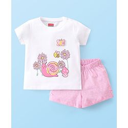 Babyhug Cotton Knit Single Jersey Half Sleeves Night Suit With Snail Print - White & Pink