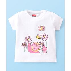 Babyhug Cotton Knit Single Jersey Half Sleeves Night Suit With Snail Print - White & Pink