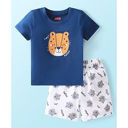 Babyhug Single Jersey Knit Half Sleeves Night Suit With Panther Print - Blue