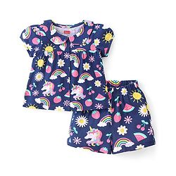 Babyhug Cotton Knit Single Jersey Half Sleeves Night Suit With Unicorn Print - Navy Blue