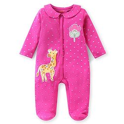 Babyhug Cotton Knit Full Sleeves Floral Printed & Giraffe Patch Footed Sleep Suit - Pink