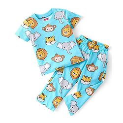 Babyhug Single Jersey Knit Half Sleeves Nightsuit with Animal Print - Blue