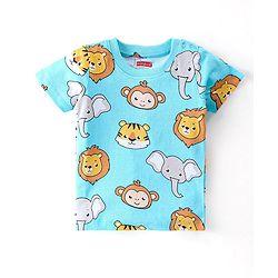 Babyhug Single Jersey Knit Half Sleeves Nightsuit with Animal Print - Blue